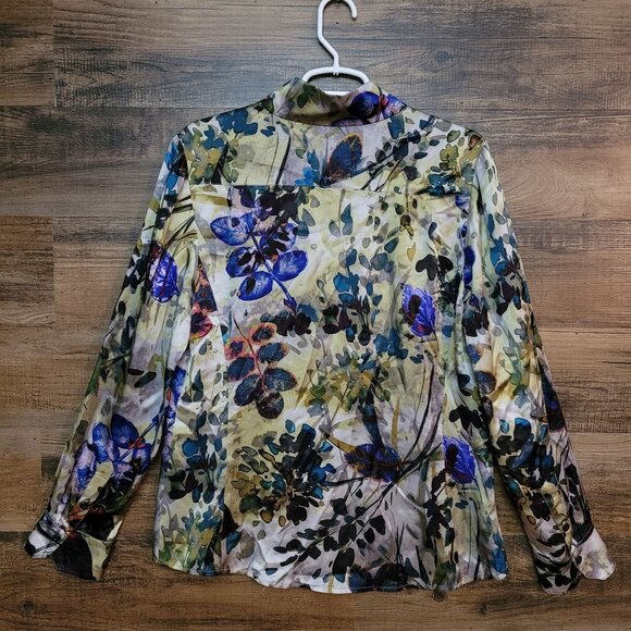 Etcetera Silk Top Size 12 Button Front Botanical Long Sleeve Multi Color - Picture 2 of 9